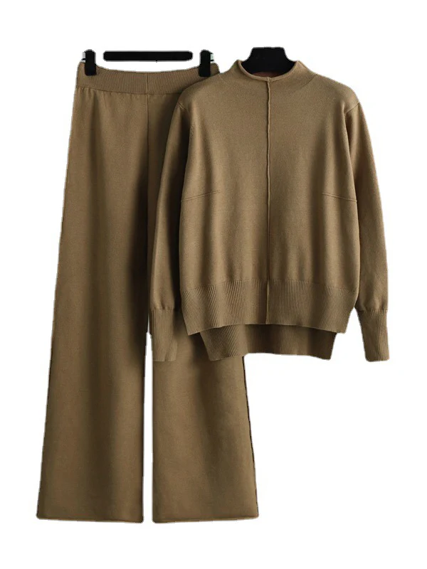 Stylish High-Low Long Sleeves Split-Side Solid Half Turtleneck Sweater Tops & Wide Leg Pants Two Pieces Set - Image 5