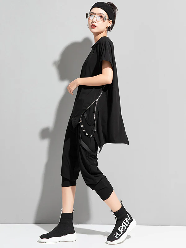 Stylish Irregular Zipper Split-Joint Black T-Shirt Top - Image 10