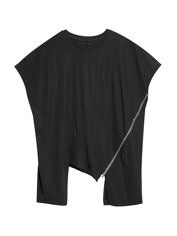 Stylish Irregular Zipper Split-Joint Black T-Shirt Top - Image 11