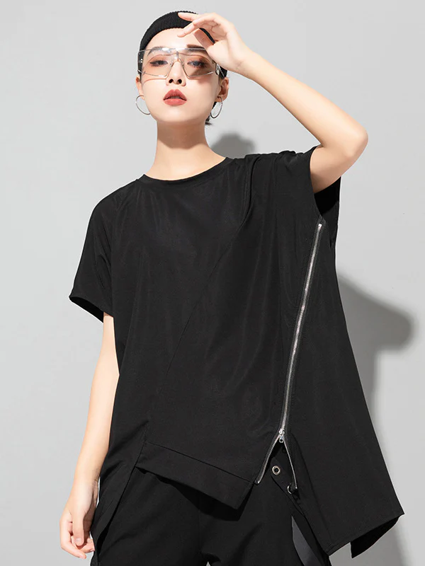 Stylish Irregular Zipper Split-Joint Black T-Shirt Top - Image 2