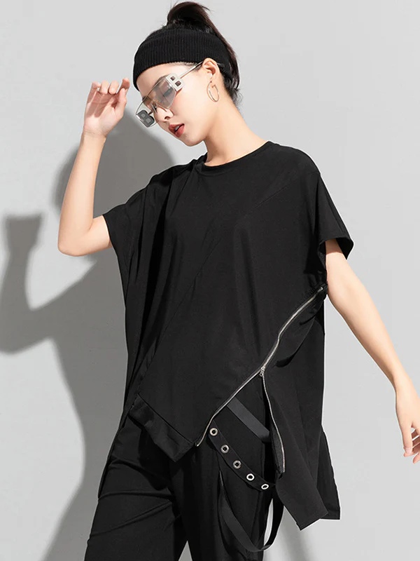 Stylish Irregular Zipper Split-Joint Black T-Shirt Top - Image 3