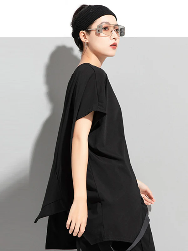 Stylish Irregular Zipper Split-Joint Black T-Shirt Top - Image 4