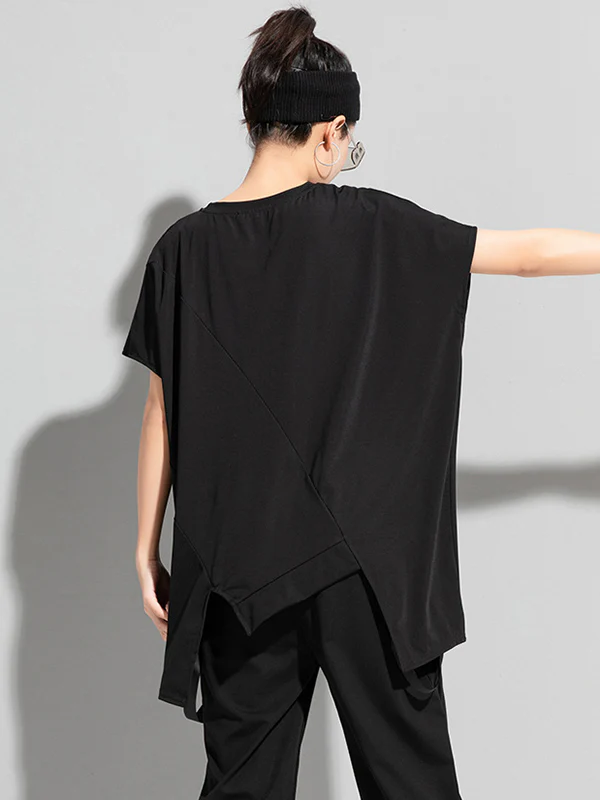 Stylish Irregular Zipper Split-Joint Black T-Shirt Top - Image 5