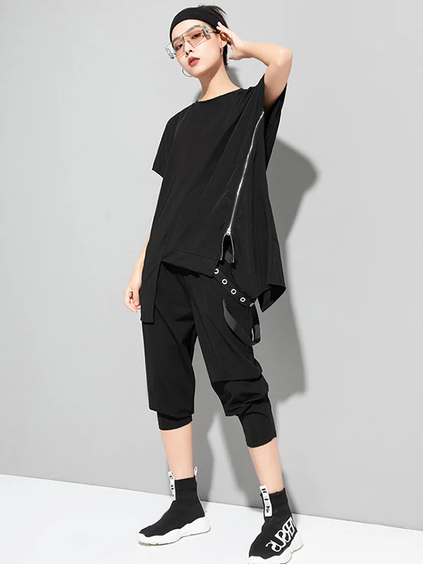 Stylish Irregular Zipper Split-Joint Black T-Shirt Top - Image 6