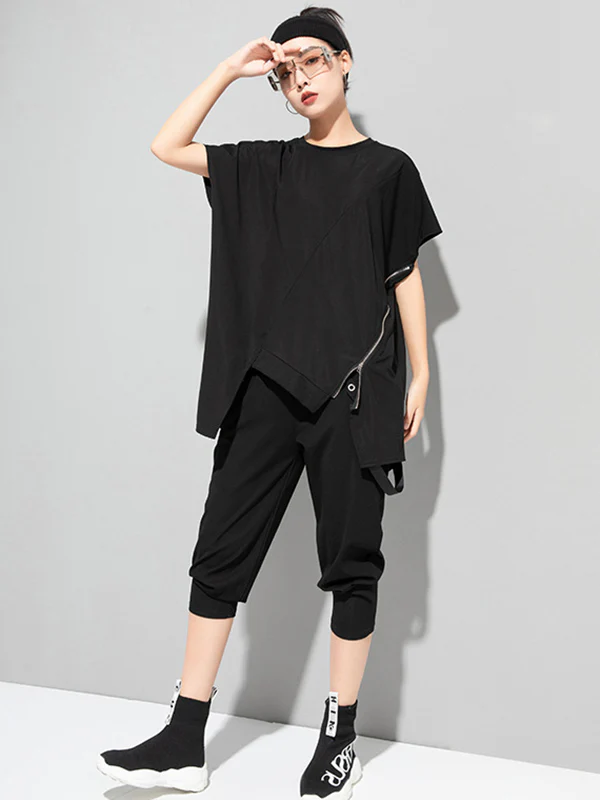 Stylish Irregular Zipper Split-Joint Black T-Shirt Top - Image 7