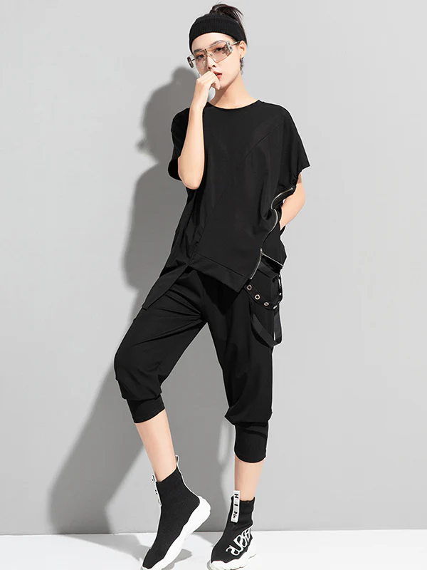 Stylish Irregular Zipper Split-Joint Black T-Shirt Top - Image 8
