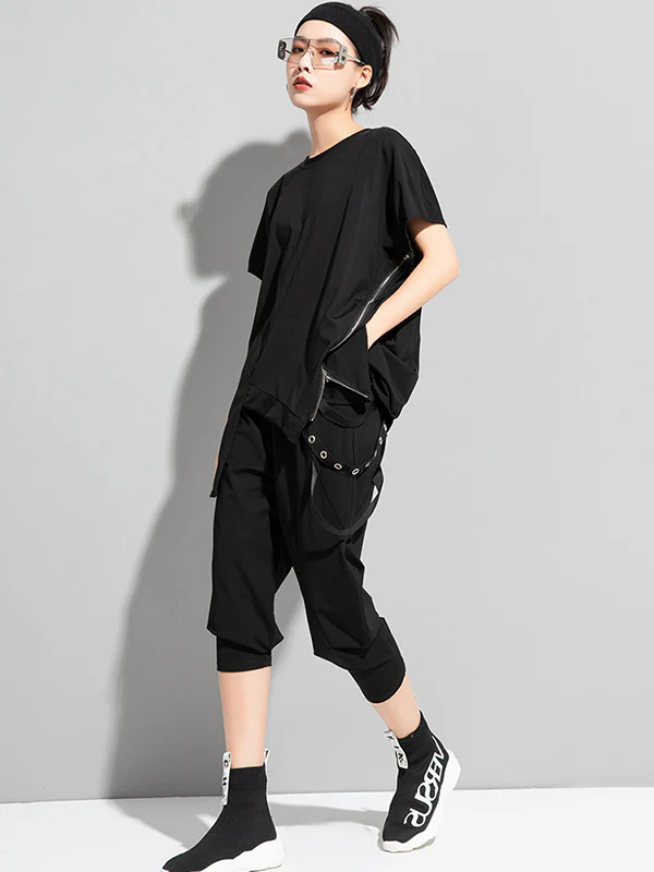 Stylish Irregular Zipper Split-Joint Black T-Shirt Top - Image 9