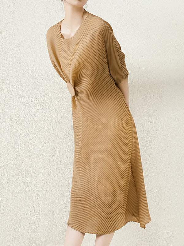 Stylish Irregularity Loose Pleated Solid Color Round-Neck Midi Dresses - Image 13