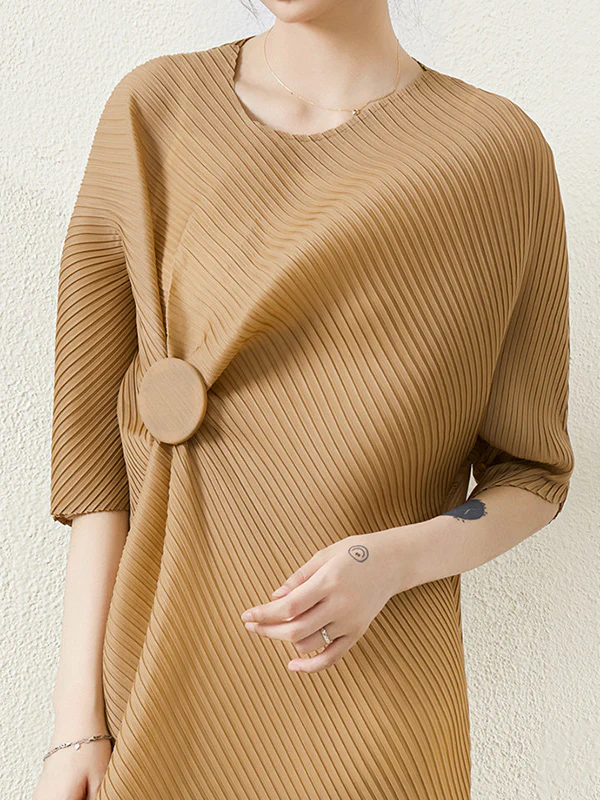 Stylish Irregularity Loose Pleated Solid Color Round-Neck Midi Dresses - Image 14