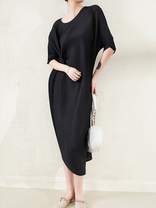 Stylish Irregularity Loose Pleated Solid Color Round-Neck Midi Dresses - Image 15