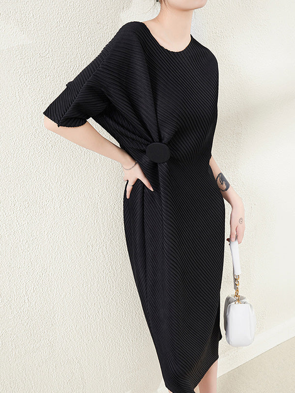 Stylish Irregularity Loose Pleated Solid Color Round-Neck Midi Dresses - Image 16