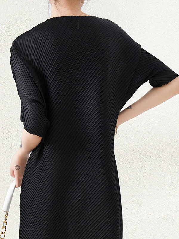 Stylish Irregularity Loose Pleated Solid Color Round-Neck Midi Dresses - Image 17