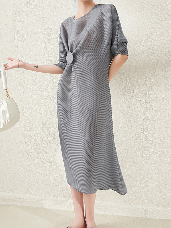Stylish Irregularity Loose Pleated Solid Color Round-Neck Midi Dresses - Image 2