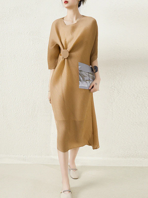 Stylish Irregularity Loose Pleated Solid Color Round-Neck Midi Dresses - Image 3