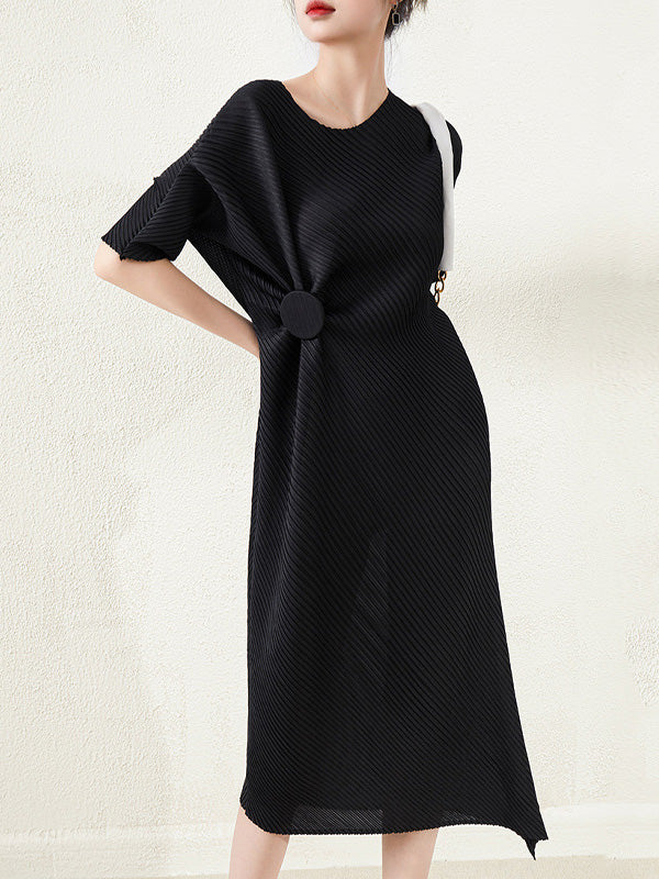 Stylish Irregularity Loose Pleated Solid Color Round-Neck Midi Dresses - Image 4