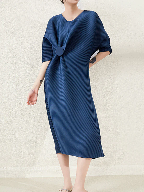 Stylish Irregularity Loose Pleated Solid Color Round-Neck Midi Dresses - Image 5