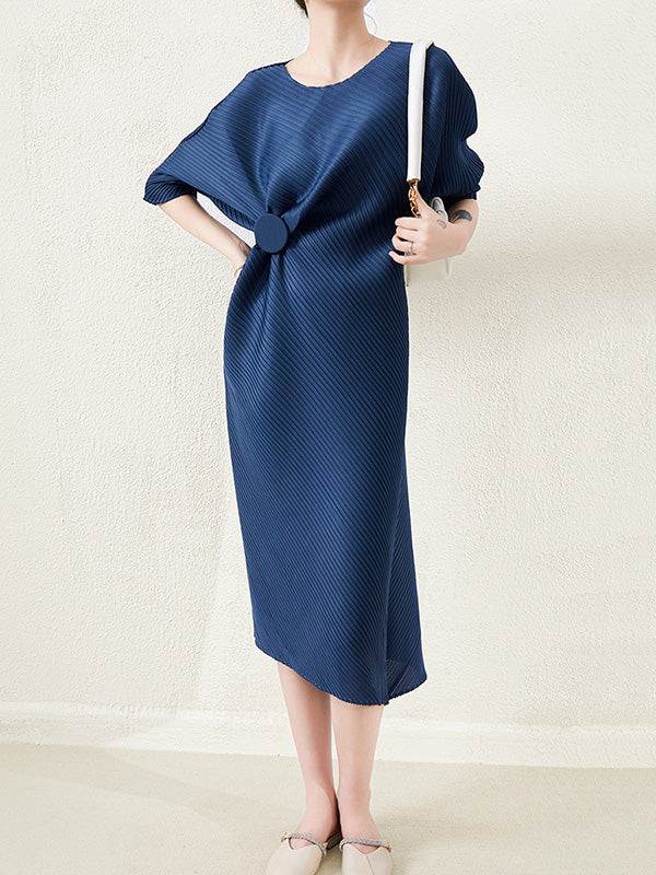 Stylish Irregularity Loose Pleated Solid Color Round-Neck Midi Dresses - Image 6