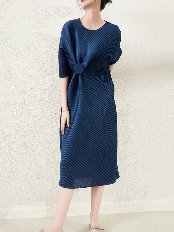Stylish Irregularity Loose Pleated Solid Color Round-Neck Midi Dresses - Image 7