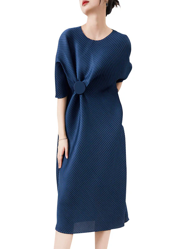 Stylish Irregularity Loose Pleated Solid Color Round-Neck Midi Dresses - Image 8