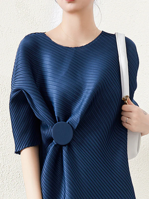 Stylish Irregularity Loose Pleated Solid Color Round-Neck Midi Dresses - Image 9