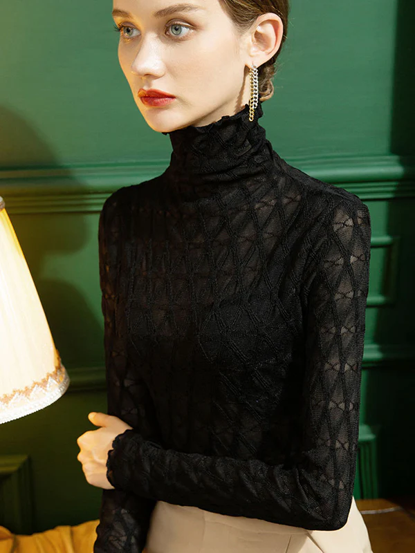 Stylish Lace Skinny Falbala Checkered High-Neck T-Shirts Tops - Image 14