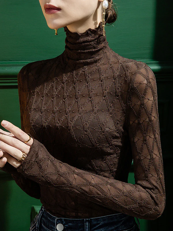 Stylish Lace Skinny Falbala Checkered High-Neck T-Shirts Tops - Image 3