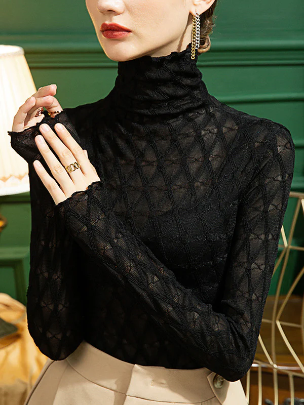 Stylish Lace Skinny Falbala Checkered High-Neck T-Shirts Tops - Image 8