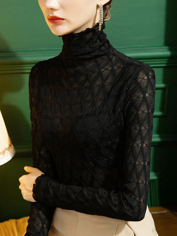 Stylish Lace Skinny Falbala Checkered High-Neck T-Shirts Tops - Image 9