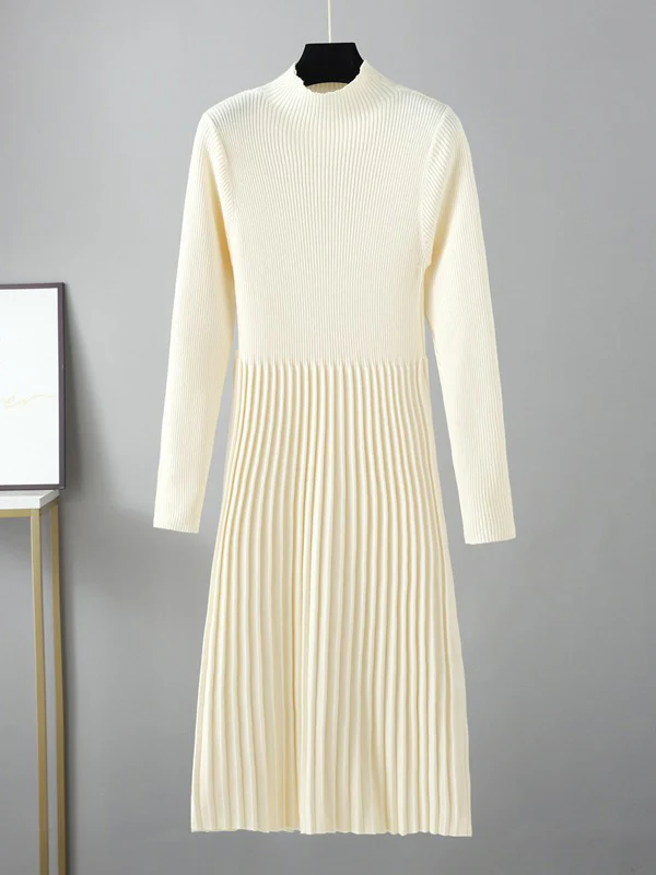 Stylish Long Sleeves High Waisted Pleated Solid Color Half Turtleneck Sweater Dresses - Image 2
