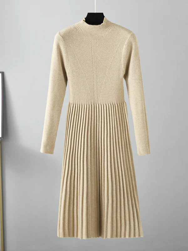 Stylish Long Sleeves High Waisted Pleated Solid Color Half Turtleneck Sweater Dresses - Image 3