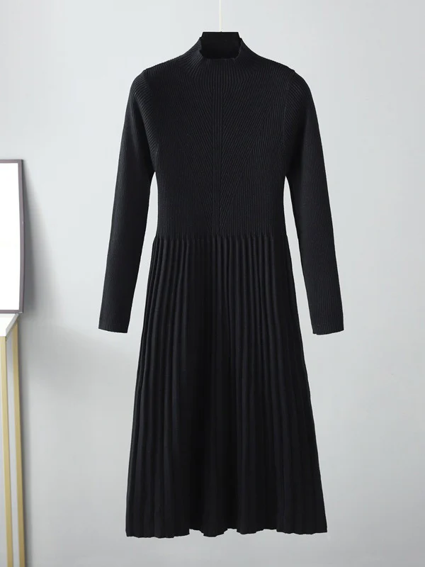 Stylish Long Sleeves High Waisted Pleated Solid Color Half Turtleneck Sweater Dresses - Image 4