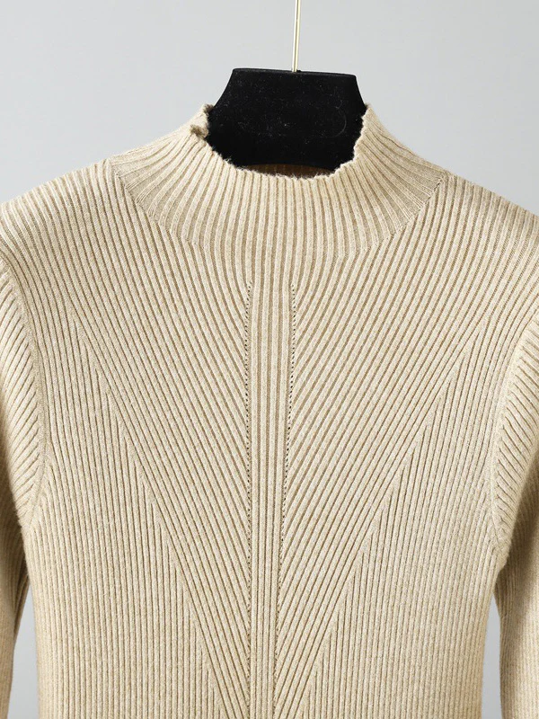 Stylish Long Sleeves High Waisted Pleated Solid Color Half Turtleneck Sweater Dresses - Image 5