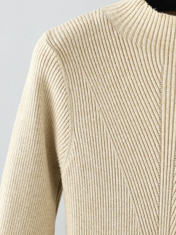 Stylish Long Sleeves High Waisted Pleated Solid Color Half Turtleneck Sweater Dresses - Image 6