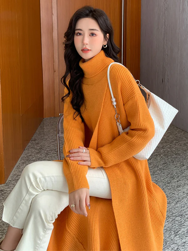 Stylish Long Sleeves Split-Front Solid Color High-Neck Sweater Tops - Image 10