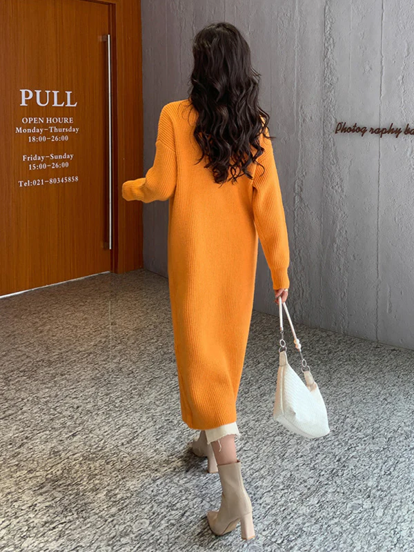 Stylish Long Sleeves Split-Front Solid Color High-Neck Sweater Tops - Image 11