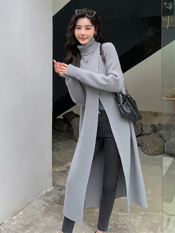 Stylish Long Sleeves Split-Front Solid Color High-Neck Sweater Tops - Image 12