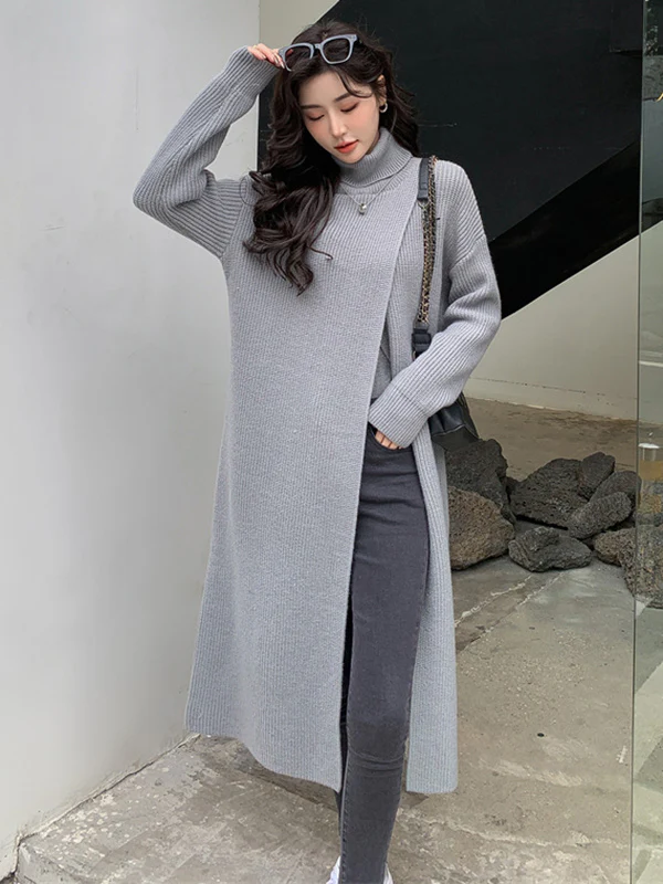 Stylish Long Sleeves Split-Front Solid Color High-Neck Sweater Tops - Image 13