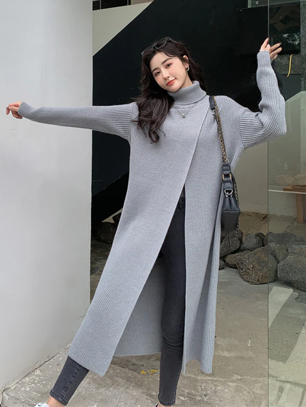 Stylish Long Sleeves Split-Front Solid Color High-Neck Sweater Tops - Image 14
