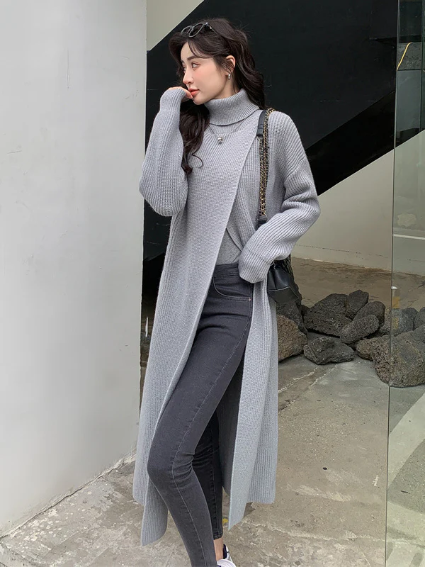 Stylish Long Sleeves Split-Front Solid Color High-Neck Sweater Tops - Image 15