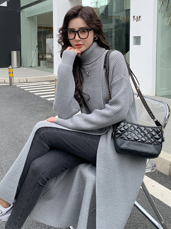 Stylish Long Sleeves Split-Front Solid Color High-Neck Sweater Tops - Image 16