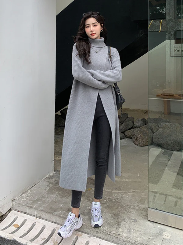 Stylish Long Sleeves Split-Front Solid Color High-Neck Sweater Tops - Image 17