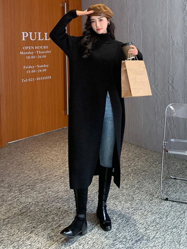 Stylish Long Sleeves Split-Front Solid Color High-Neck Sweater Tops - Image 18