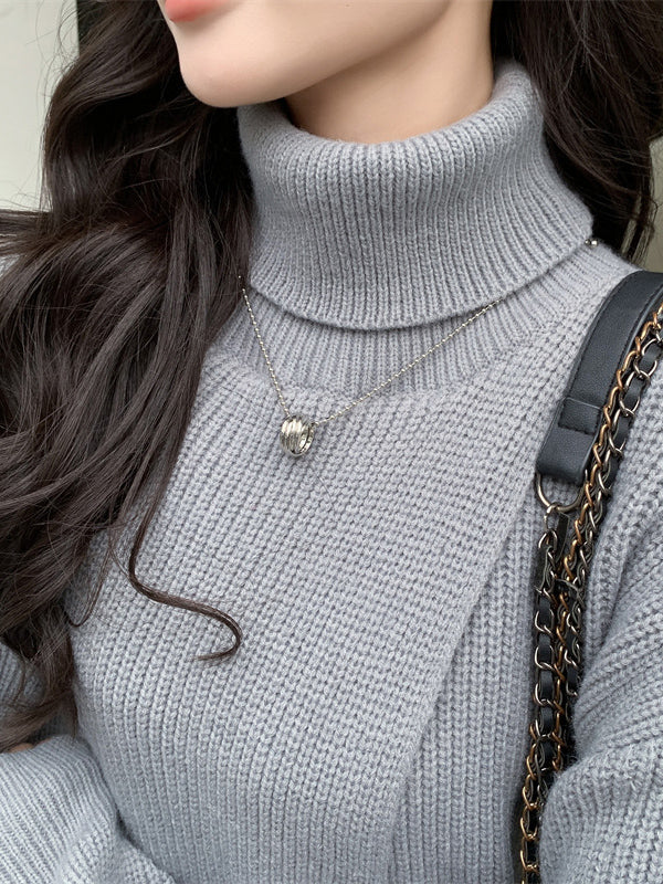 Stylish Long Sleeves Split-Front Solid Color High-Neck Sweater Tops - Image 19