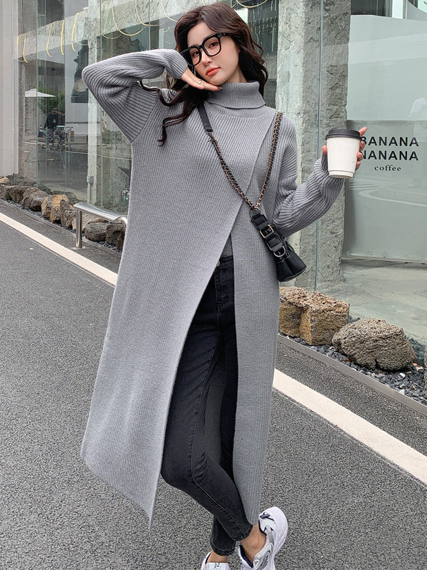 Stylish Long Sleeves Split-Front Solid Color High-Neck Sweater Tops - Image 2