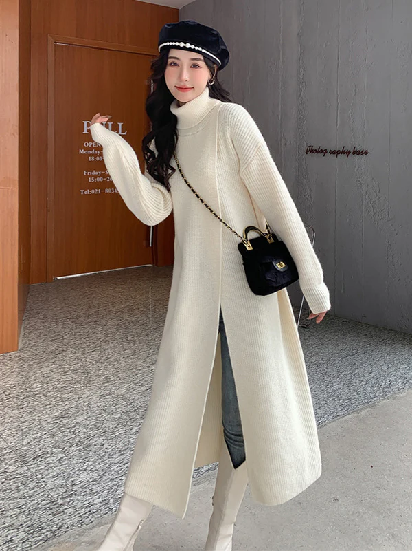 Stylish Long Sleeves Split-Front Solid Color High-Neck Sweater Tops - Image 22