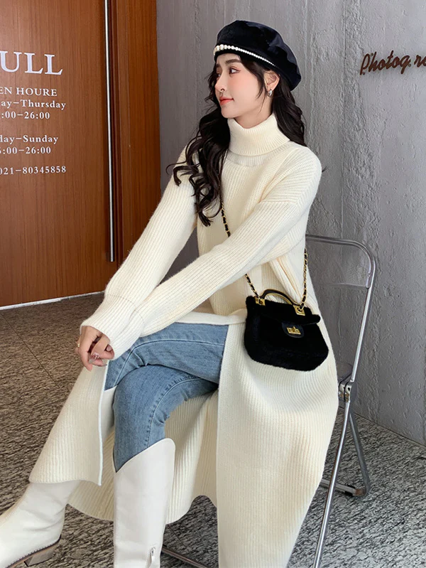 Stylish Long Sleeves Split-Front Solid Color High-Neck Sweater Tops - Image 23