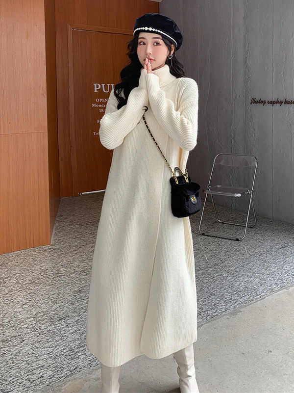 Stylish Long Sleeves Split-Front Solid Color High-Neck Sweater Tops - Image 24