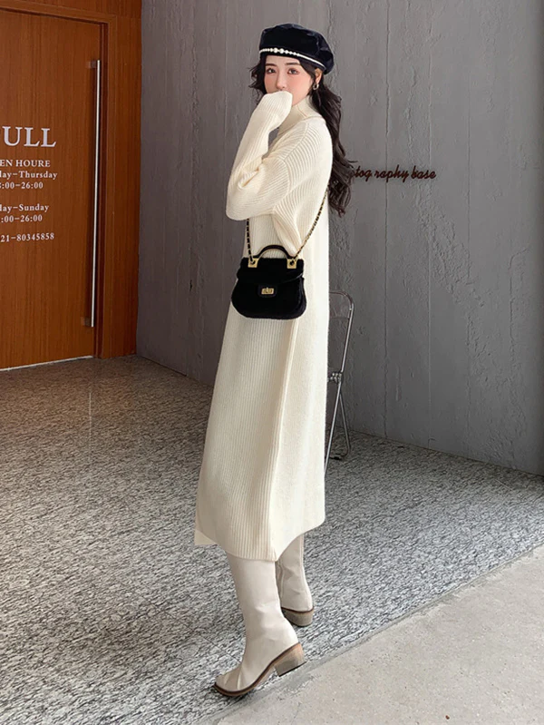 Stylish Long Sleeves Split-Front Solid Color High-Neck Sweater Tops - Image 25
