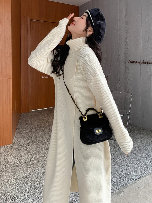 Stylish Long Sleeves Split-Front Solid Color High-Neck Sweater Tops - Image 26