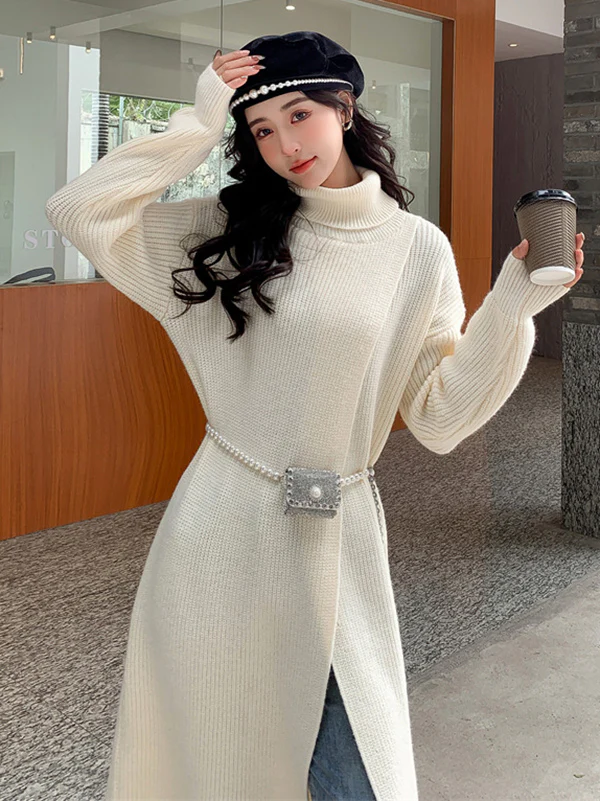 Stylish Long Sleeves Split-Front Solid Color High-Neck Sweater Tops - Image 27